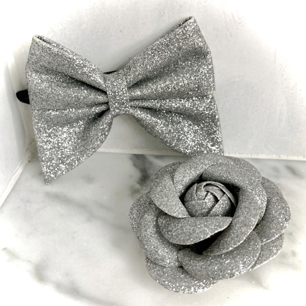 Set of 2 Small Hair Flower Bow Silver Glitter Hair Clip Clips Bundle Bows Pinup